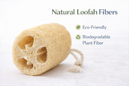 Natural loofah fiber sponge with text highlighting eco-friendly and biodegradable properties on a white background.