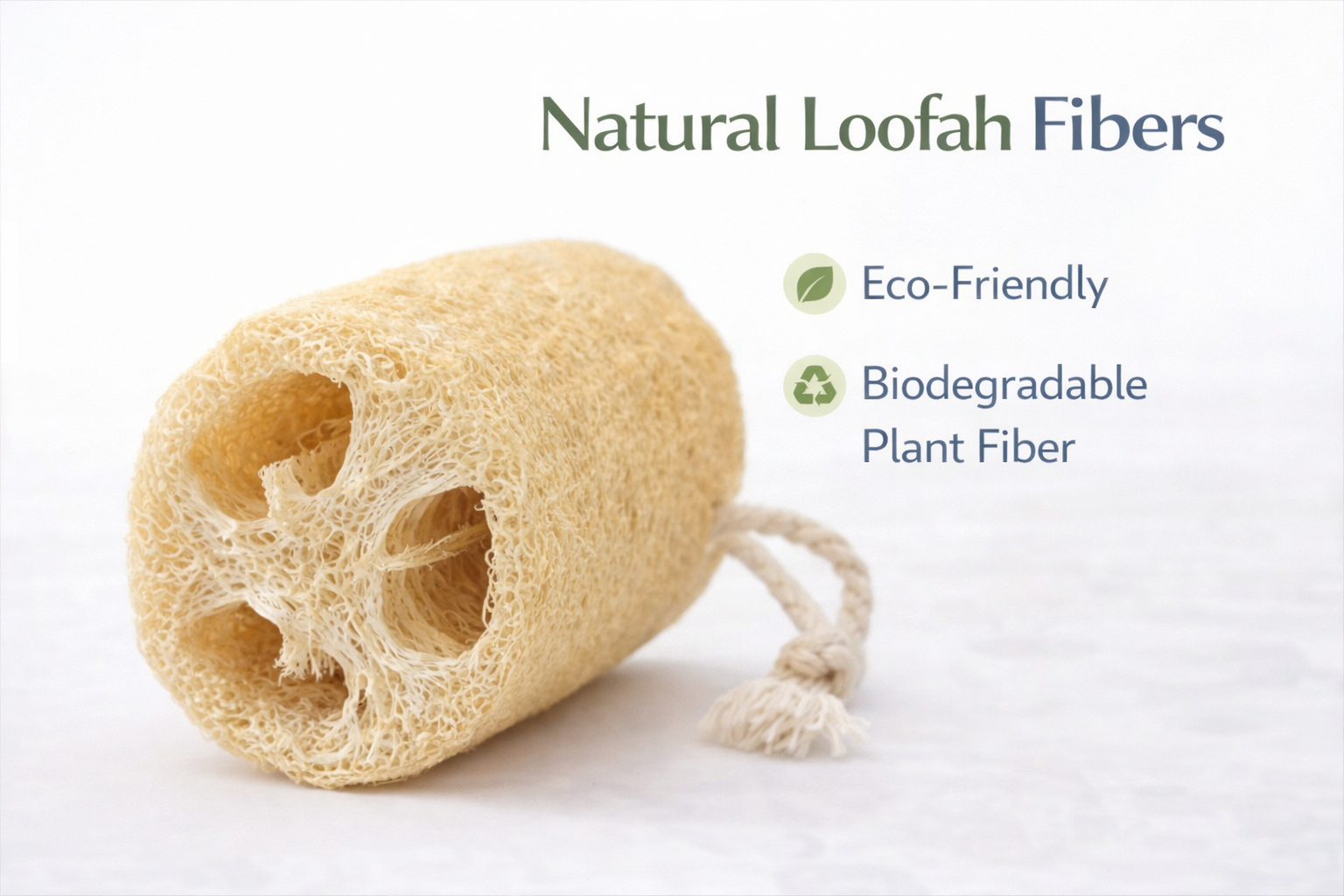 Natural loofah fiber sponge with text highlighting eco-friendly and biodegradable properties on a white background.