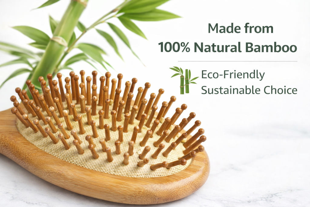 Wooden hairbrush with natural bamboo bristles on a light background, featuring text about eco-friendliness.