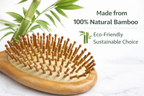 Wooden hairbrush with natural bamboo bristles on a light background, featuring text about eco-friendliness.