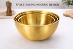 Set of gold nesting bowls on a light surface with text 'Space-Saving Nesting Design'.