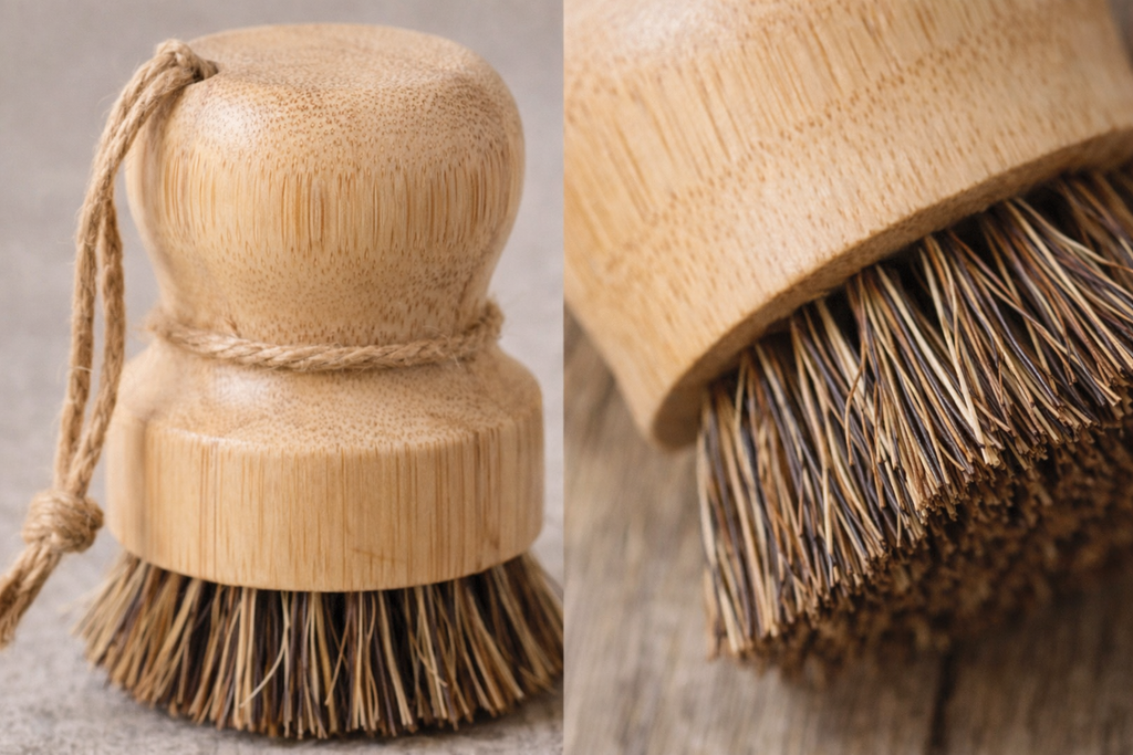Bamboo brush with bristle head on a neutral background
