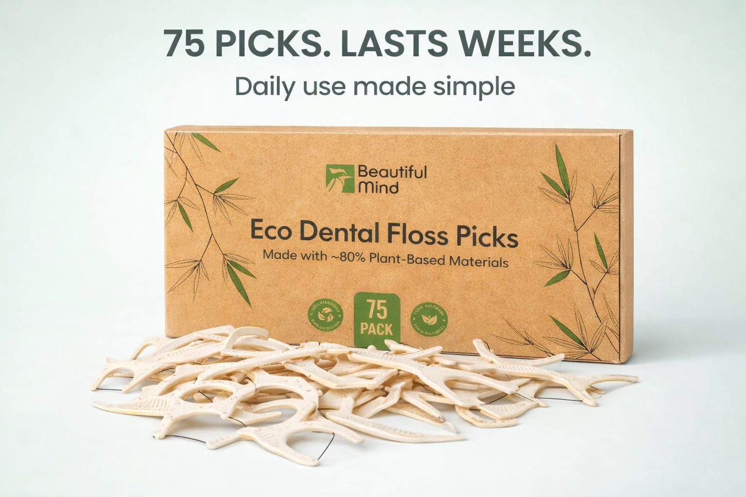 Box of Eco Dental Floss Picks with 'Beautiful Mind' branding on a light background