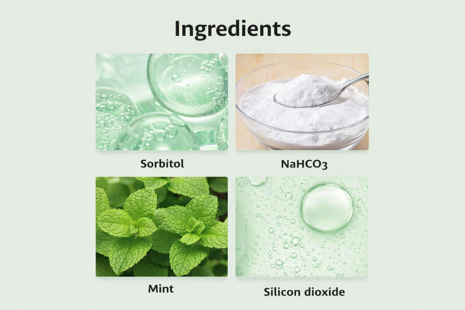 List of ingredients with corresponding images and names on a light green background