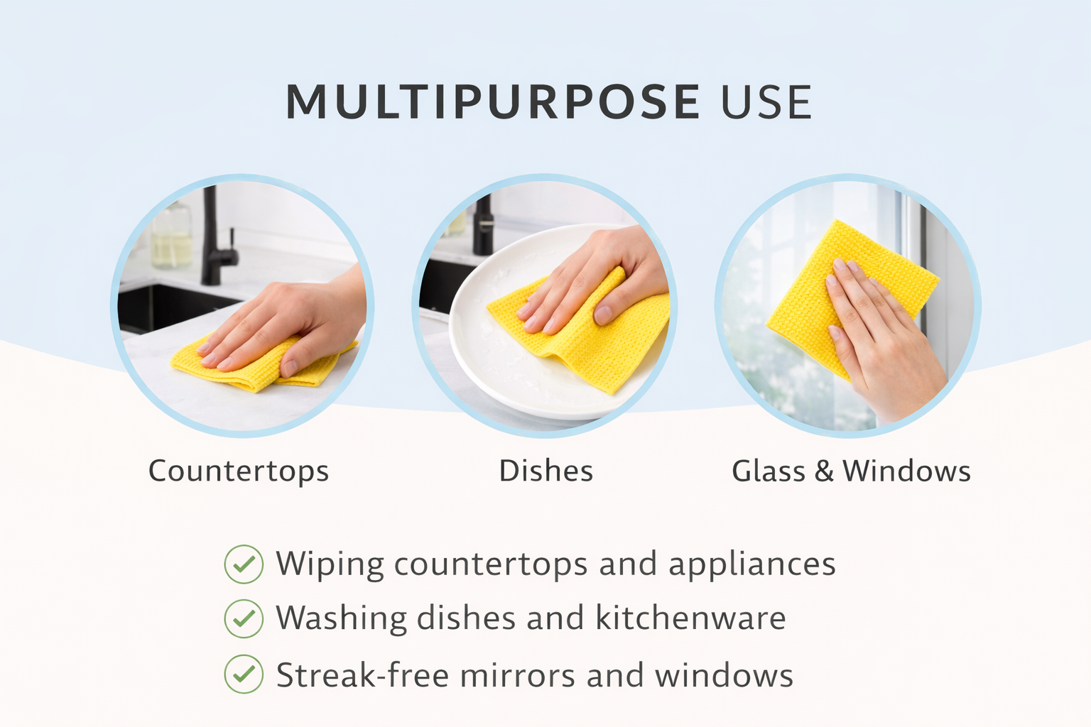 Multifunctional cleaning product with images of hands using it on countertops, dishes, and glass windows.