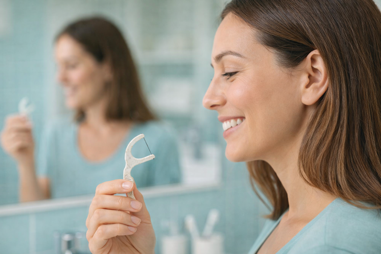 Woman holding a dental floss in front of a mirror