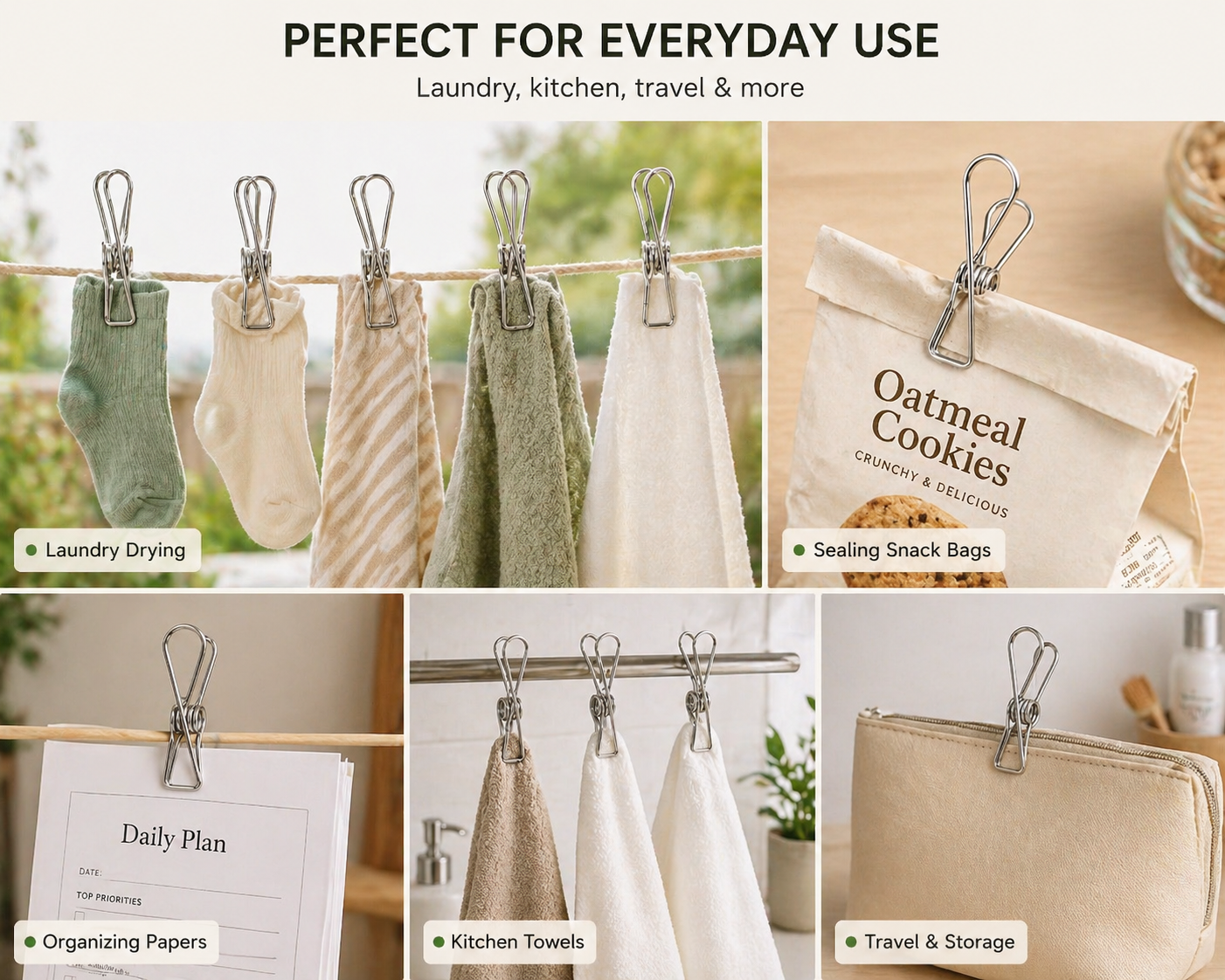 Collage of clips used for laundry, kitchen, travel, and storage with text indicating their versatility.