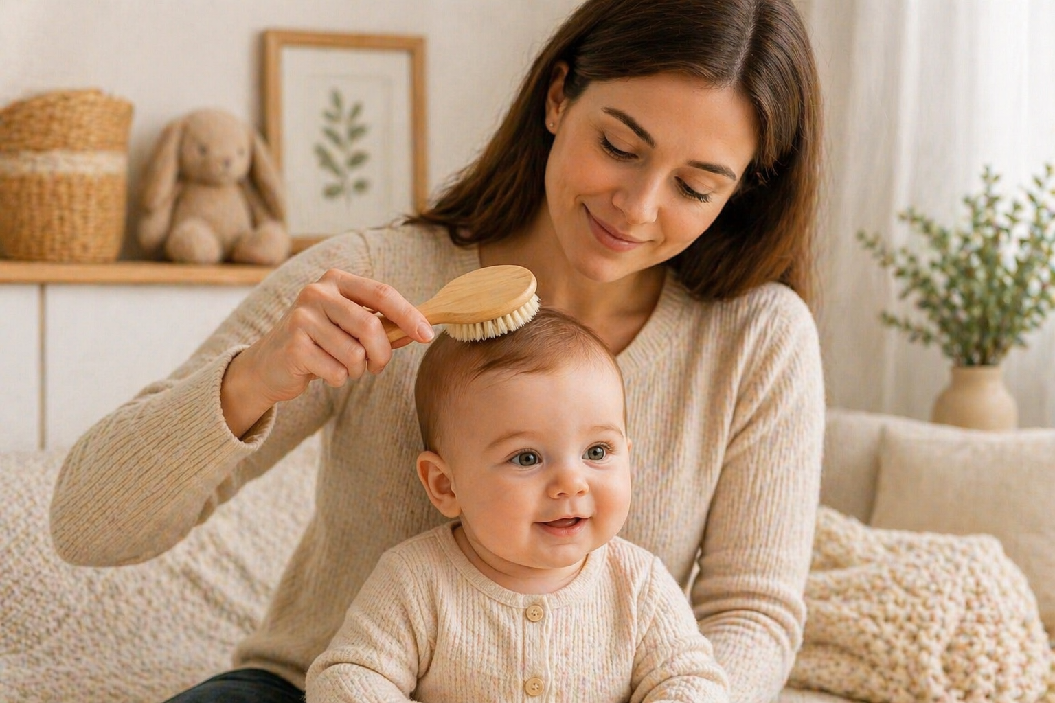 Woman brushing a baby's hair in a cozy living room.