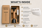 Safety razor set with packaging and components on a beige background