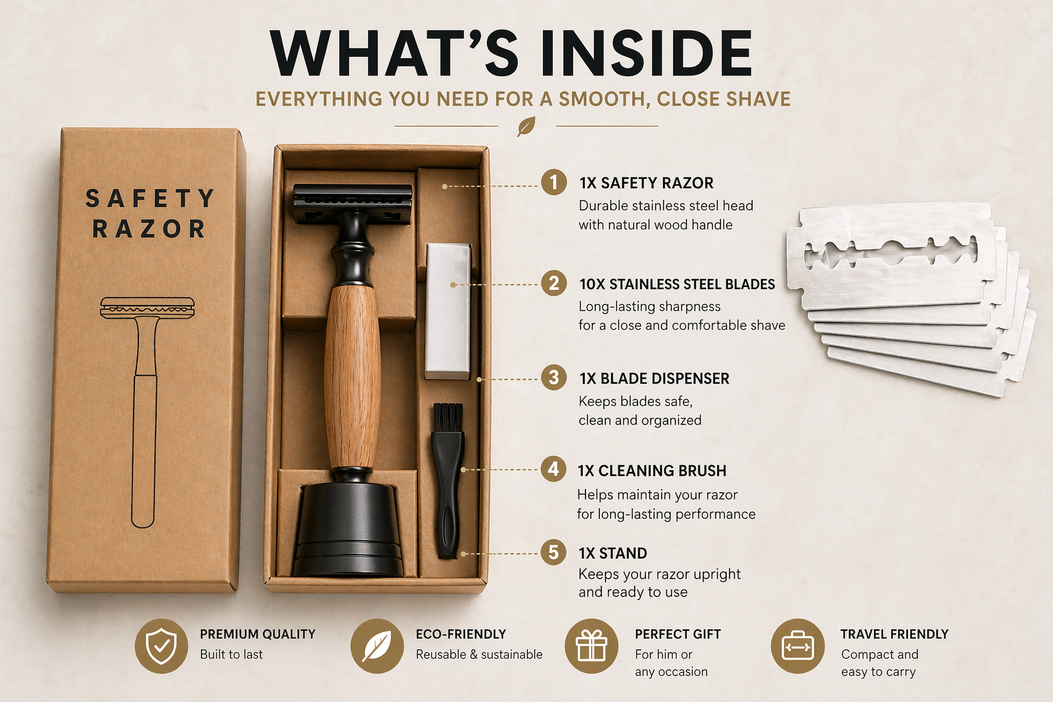 Safety razor set with packaging and components on a beige background