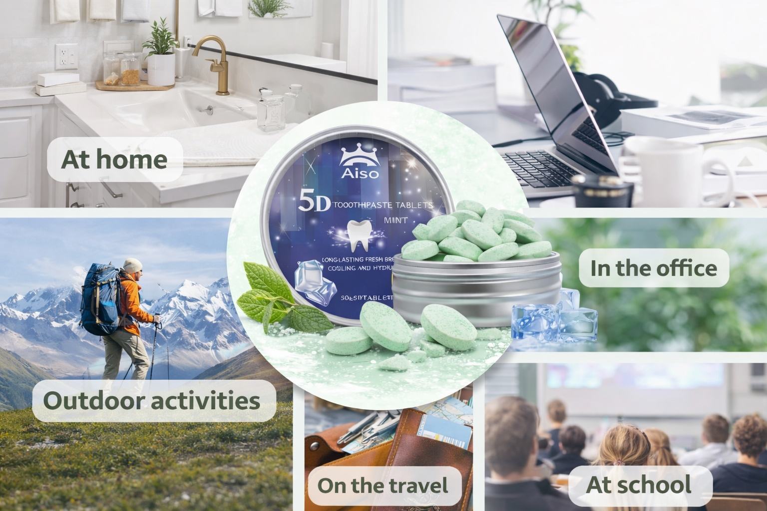 Collage of a 5D toothpaste product with various scenarios including home, office, outdoor activities, travel, and school.