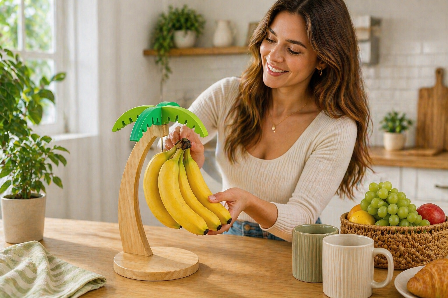 Woman holding a bunch of bananas on a palm tree-shaped holder in a kitchen.