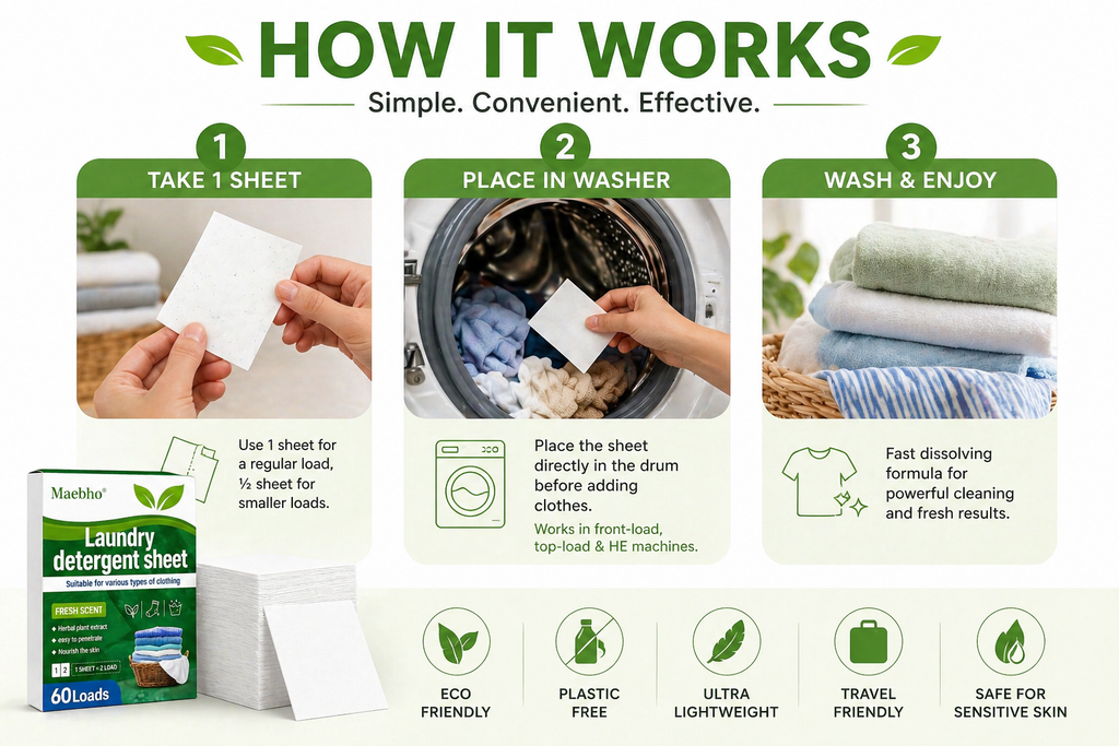 Step-by-step guide on using laundry detergent sheets with icons and text.