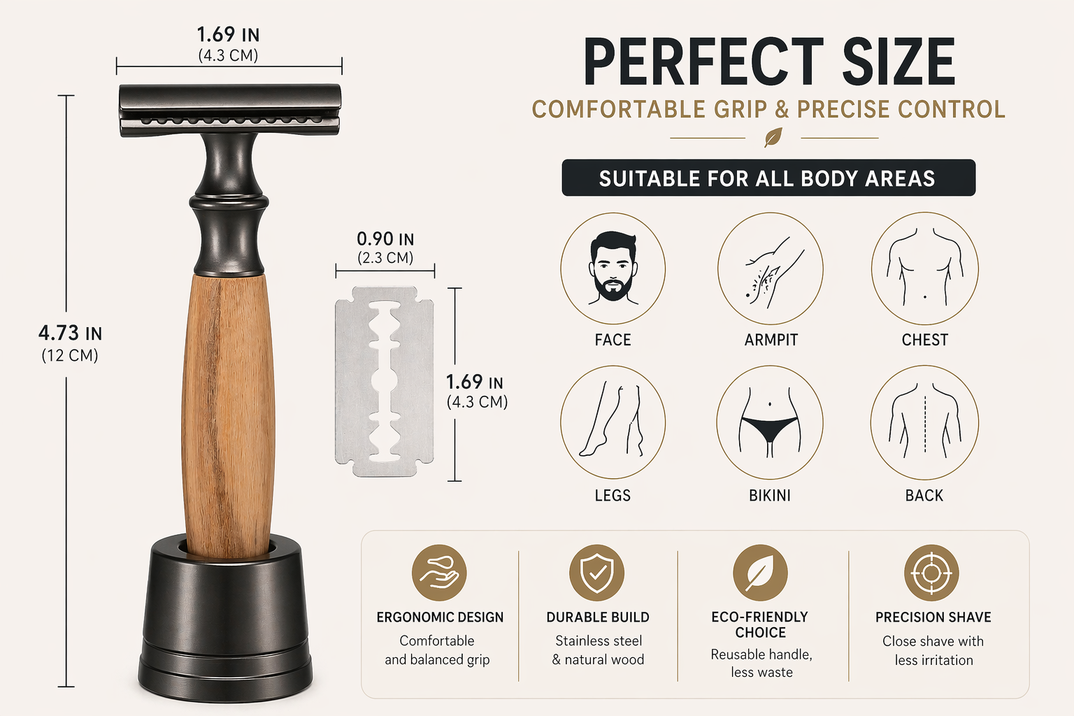 Shaving razor with measurements and usage instructions on a white background