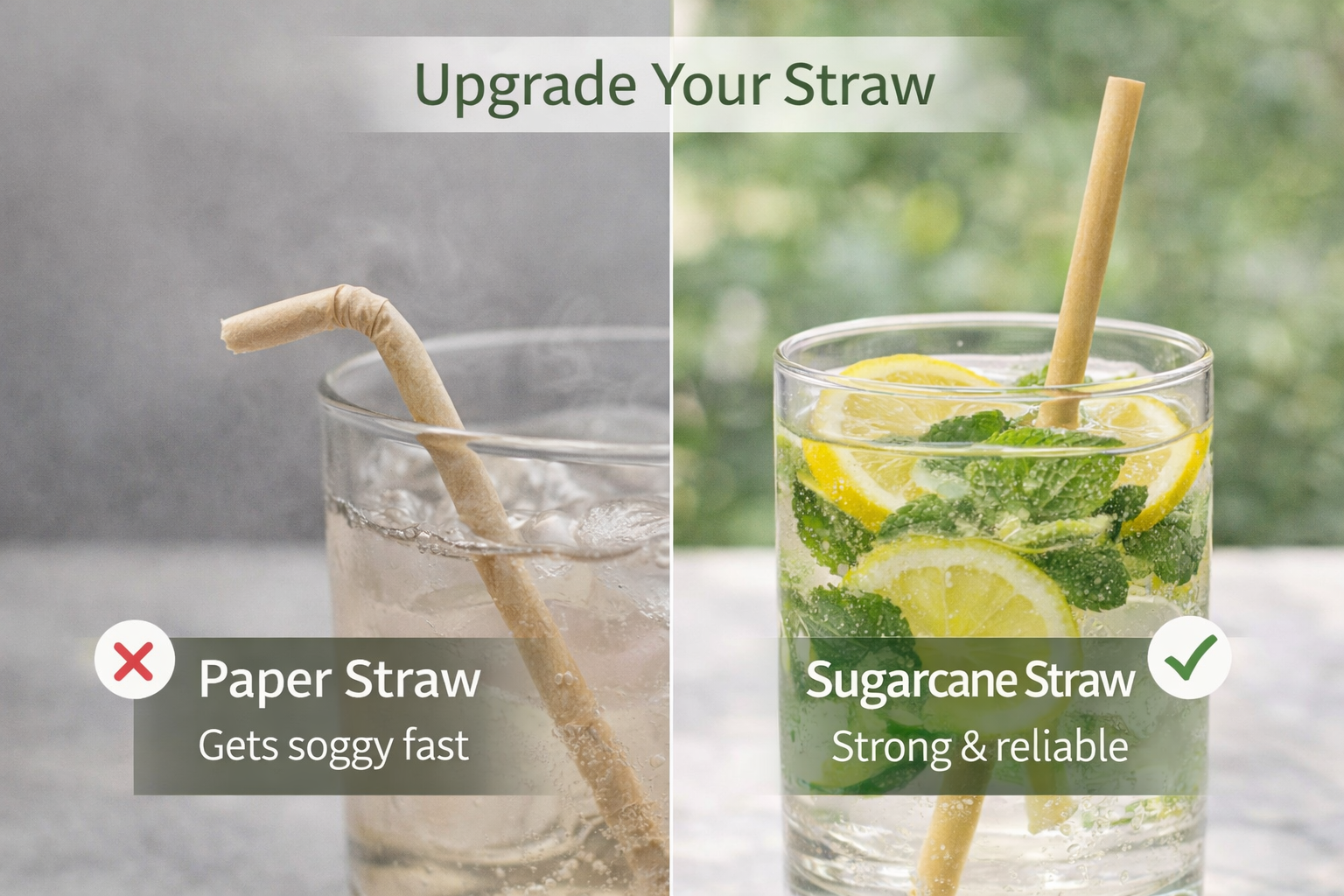 Comparison of paper straw and sugarcane straw in a glass with lemon and mint.