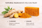 Turmeric root, ginger, and a block of turmeric powder on a light background with text about natural ingredients.