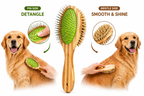 Dog grooming brush with pin side for detangling and bristle side for smoothness, used on a golden dog.