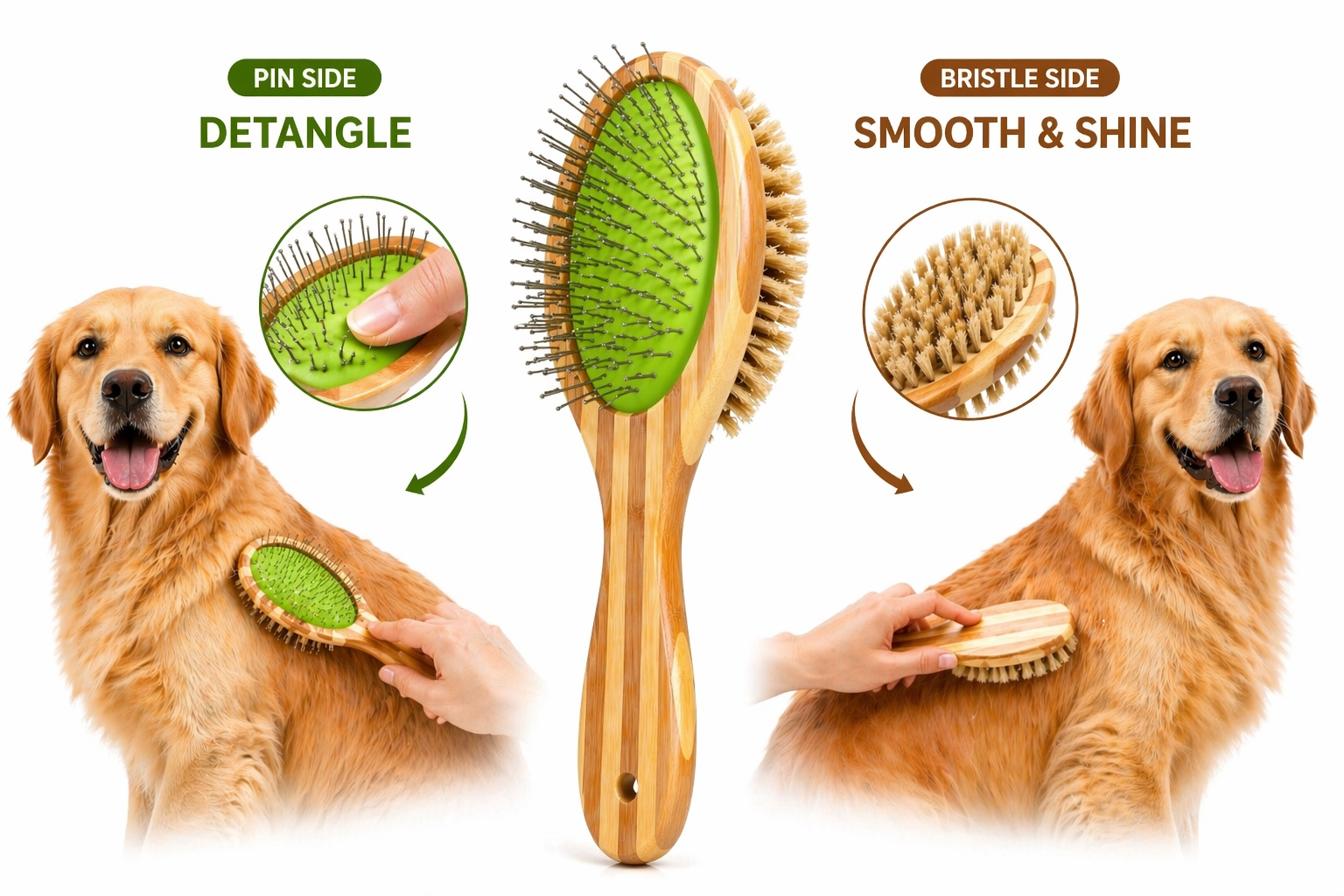 Dog grooming brush with pin side for detangling and bristle side for smoothness, used on a golden dog.