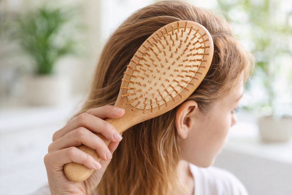 Person using a wooden hairbrush with a blurred background