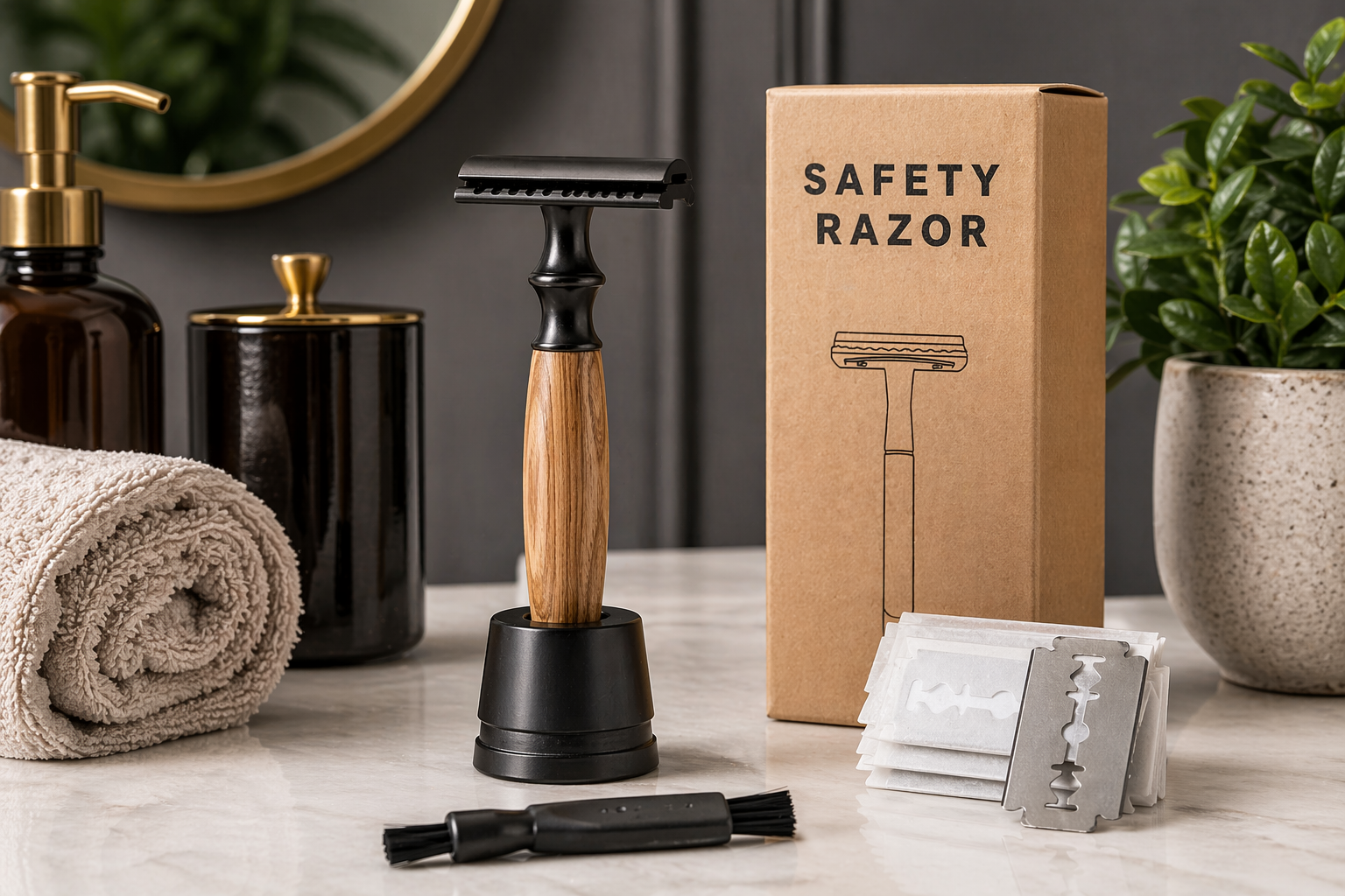 Safety razor with wooden handle and black stand on a bathroom counter, next to a cardboard box labeled 'Safety Razor'.