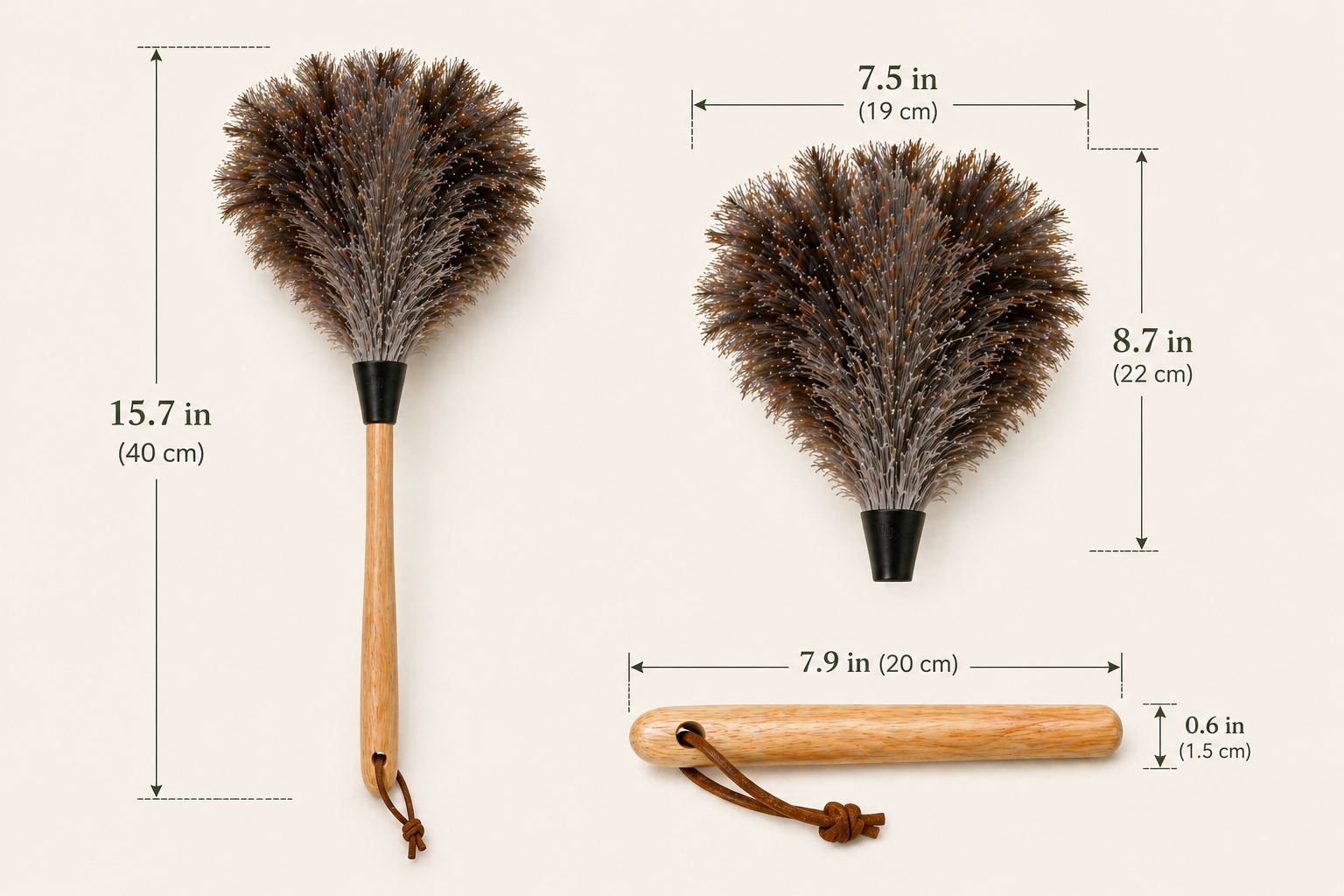 Two feather dusters with measurements on a white background