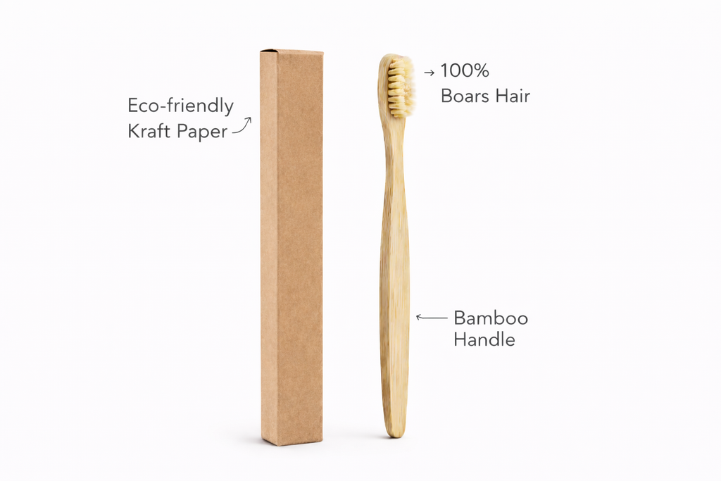 Bamboo toothbrush with eco-friendly kraft paper packaging on a white background