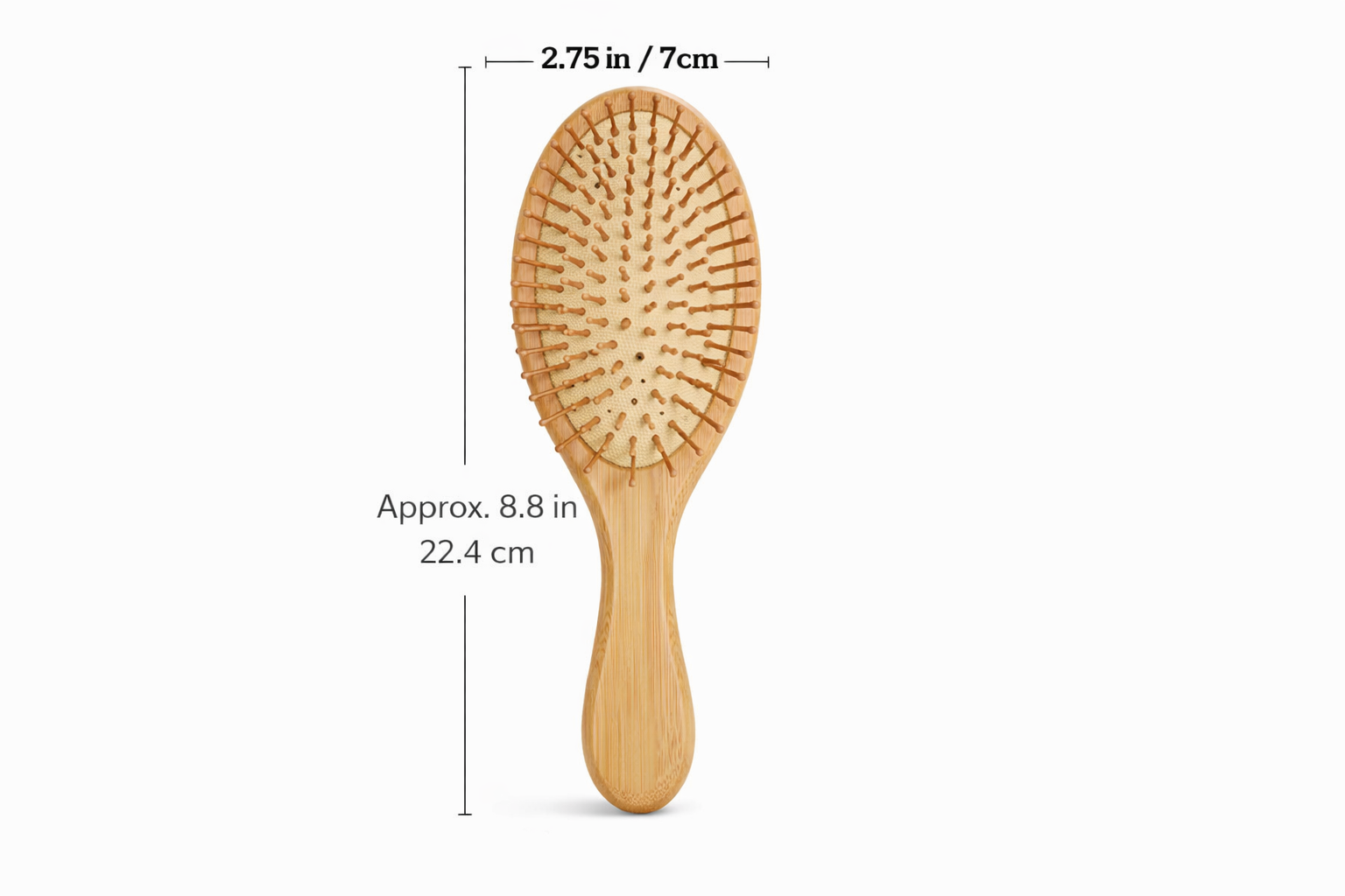 Wooden hairbrush with dimensions on a white background