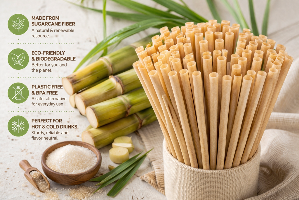 Sugar cane straws in a container with sugarcane and text highlighting benefits on a light background
