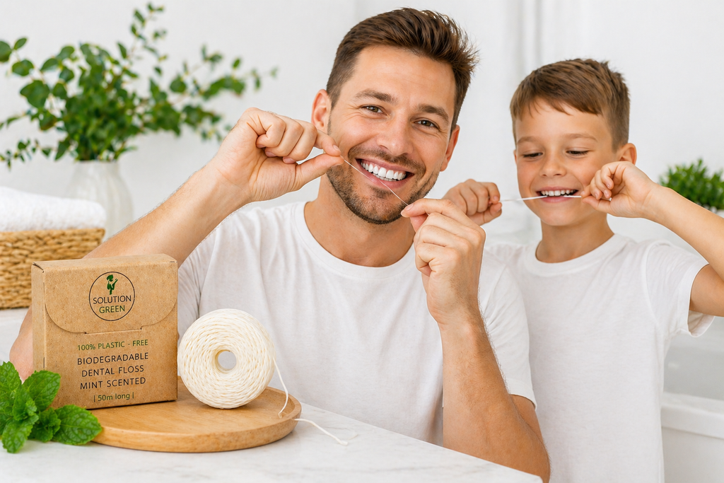 Man and child with eco-friendly dental floss and packaging on a table.