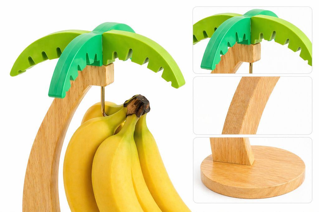 Palm tree-shaped banana holder with bananas on a white background