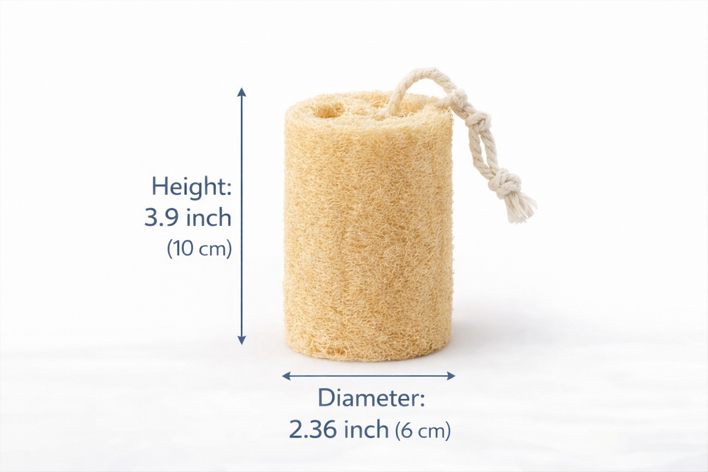 Natural sponge with a rope, showing measurements on a white background