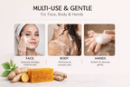 Product advertisement showing its use on face, body, and hands with a focus on being multi-use and gentle.
