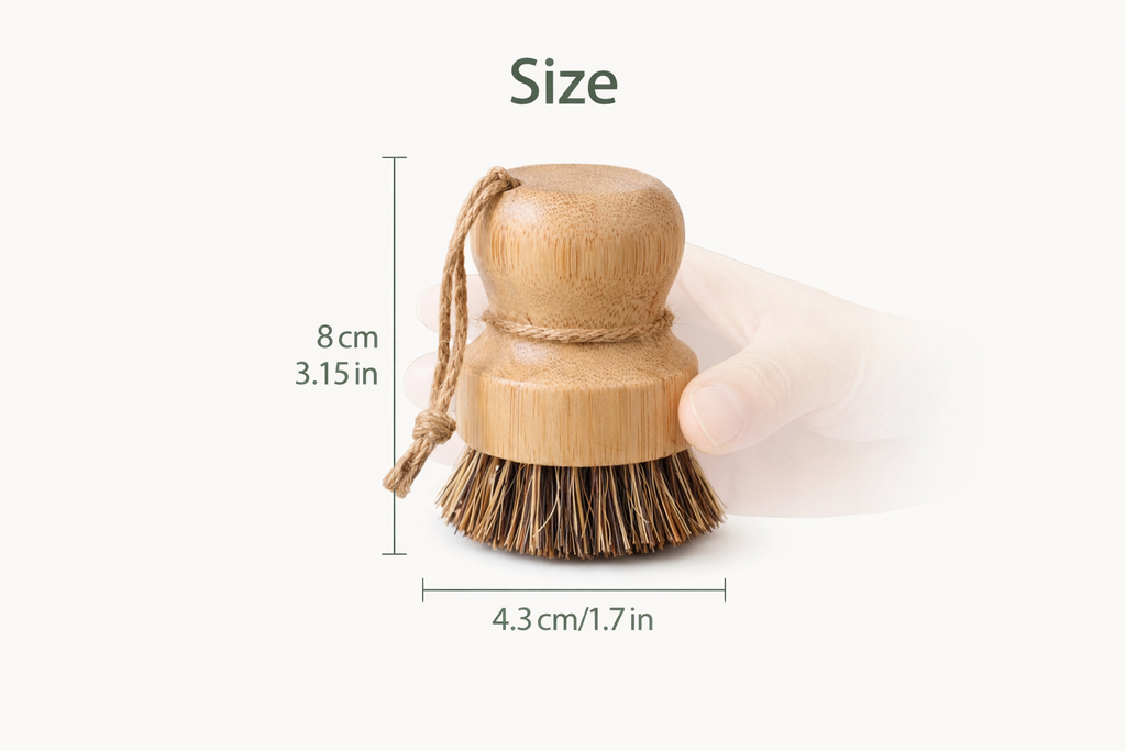 Wooden brush with bristles, held by a hand, on a white background with size measurement text.