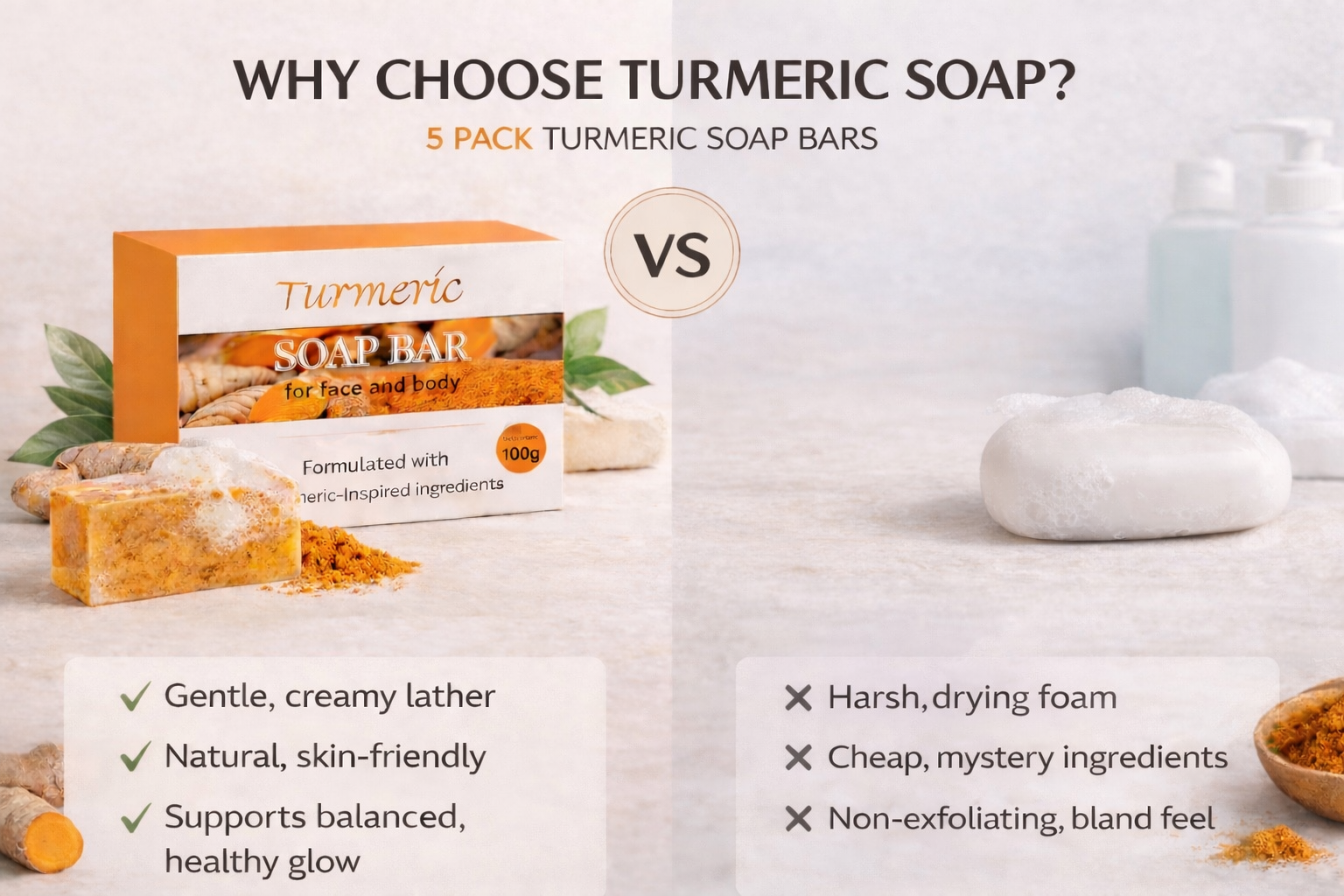 Turmeric soap bars with packaging and benefits listed on a neutral background