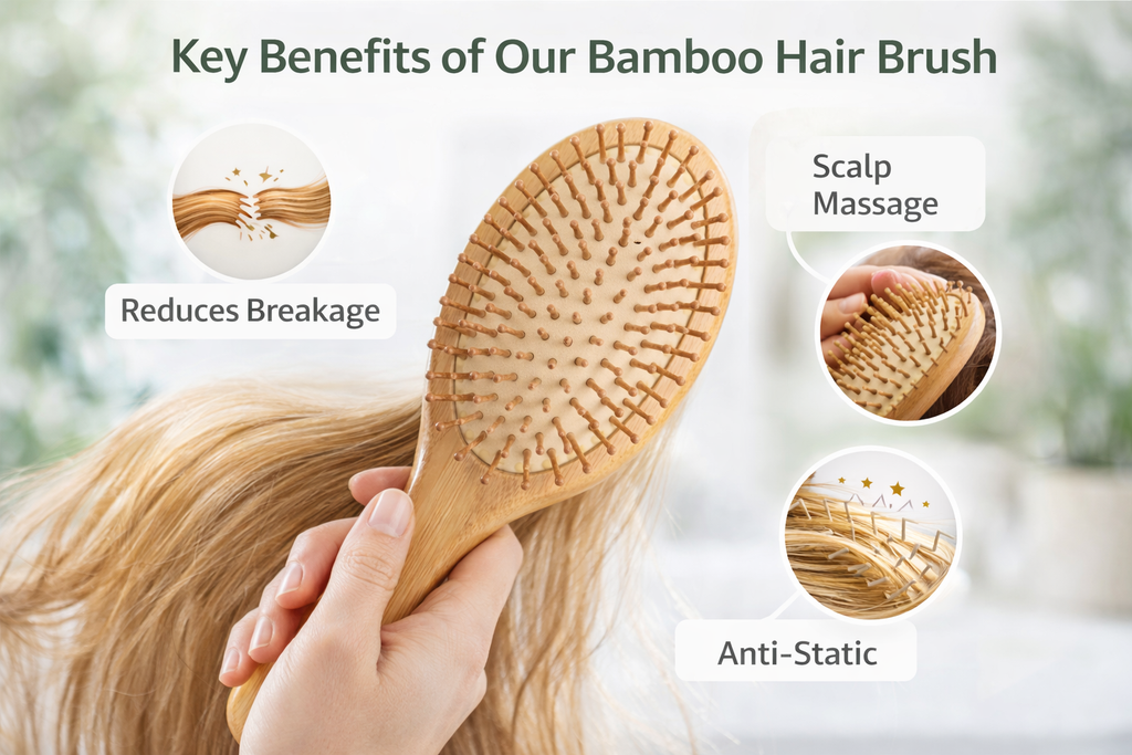Bamboo hair brush with key benefits highlighted on a blurred natural background