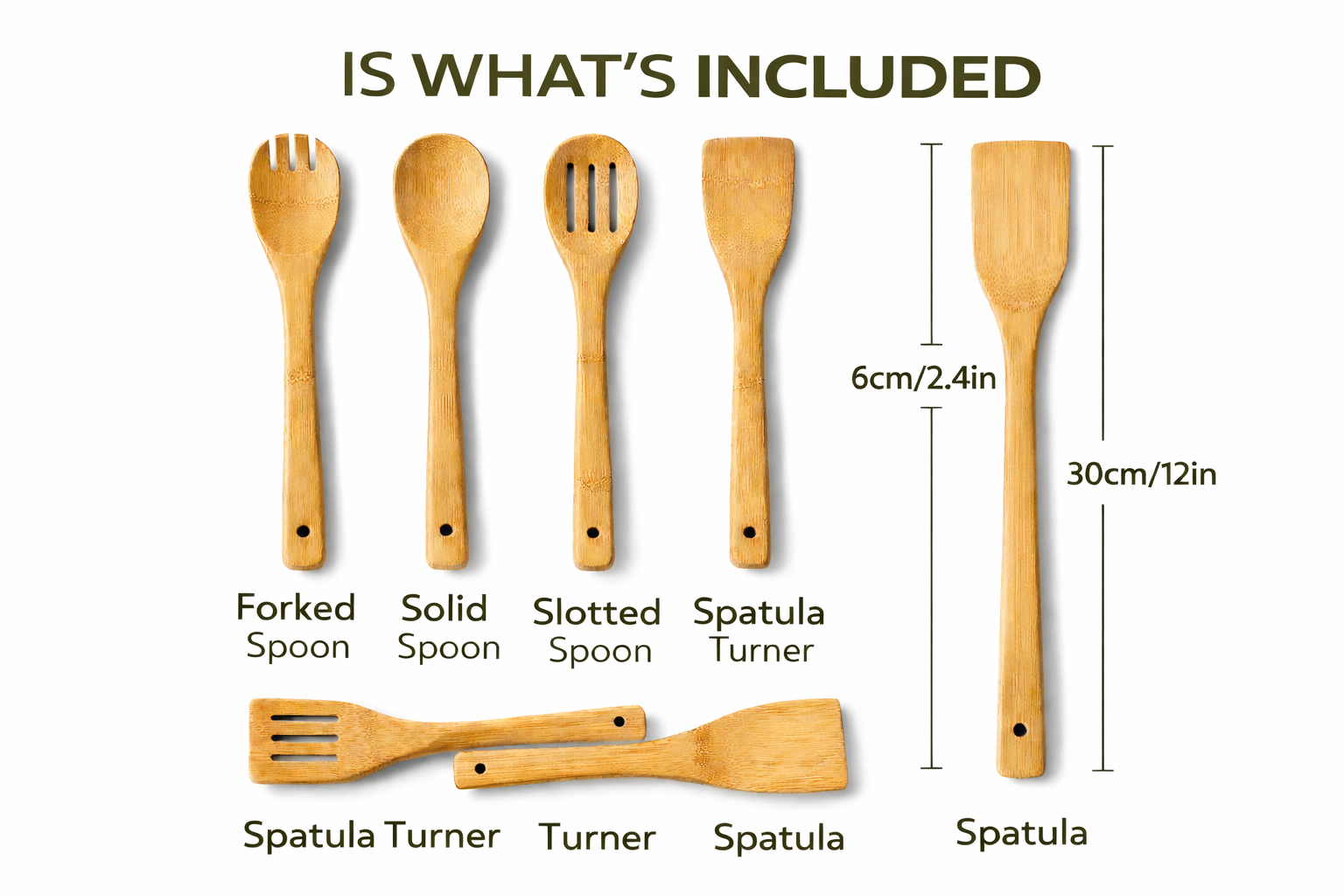 Set of wooden kitchen utensils with labels and measurements on a white background