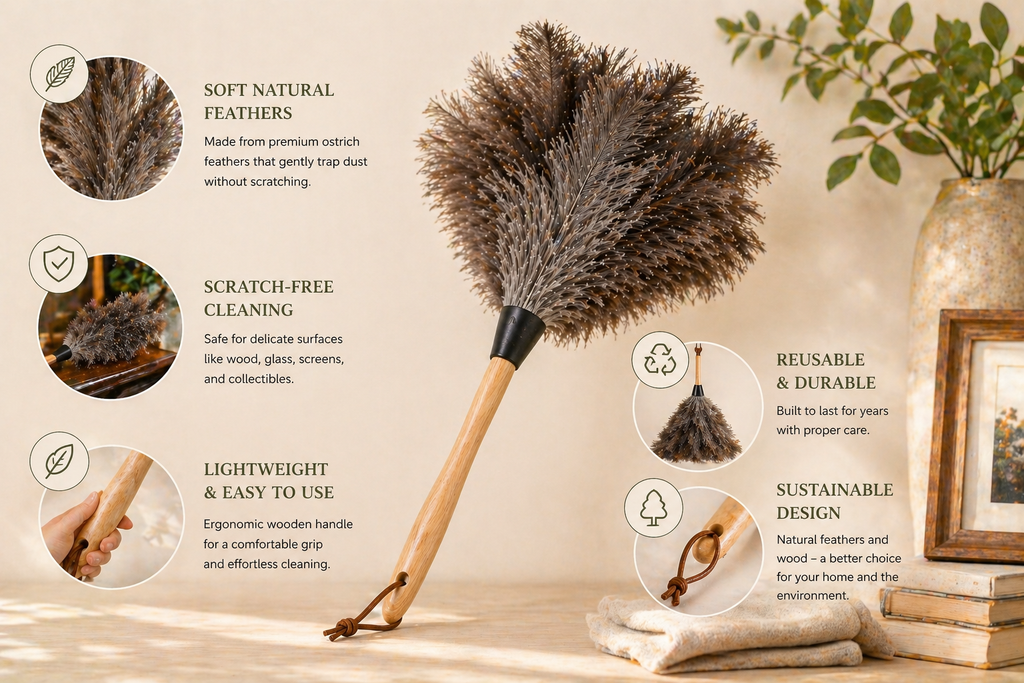 Duster with feather attachments on a neutral background with text highlighting features.