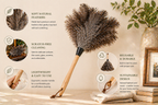 Duster with feather attachments on a neutral background with text highlighting features.