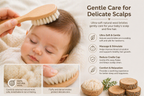 Baby being gently cared for with a wooden brush, emphasizing softness and comfort for delicate scalps.