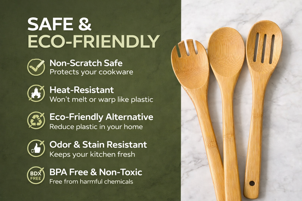 Wooden utensils with safety and eco-friendly features listed on a green background