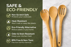 Wooden utensils with safety and eco-friendly features listed on a green background