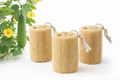 Three cylindrical natural sponges with strings on a white background with greenery.