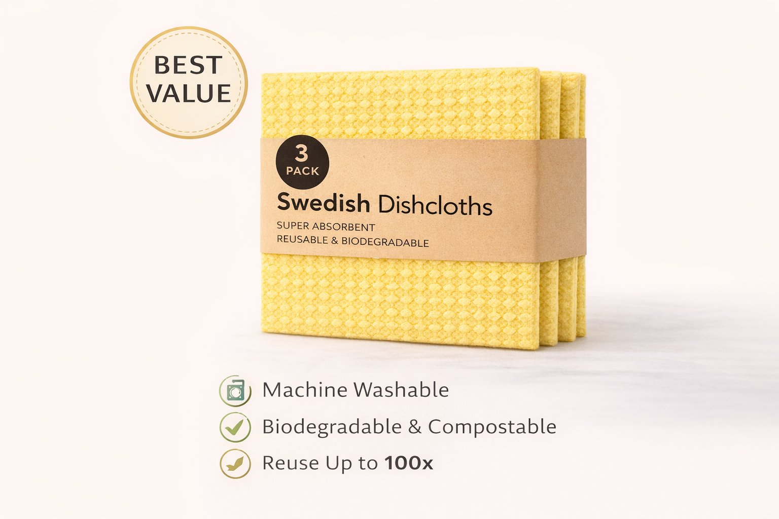 Pack of Swedish dishcloths with packaging details on a white background
