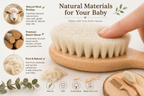 Wooden baby brush with natural bristles and beech wood, labeled 'Natural Materials for Your Baby'.