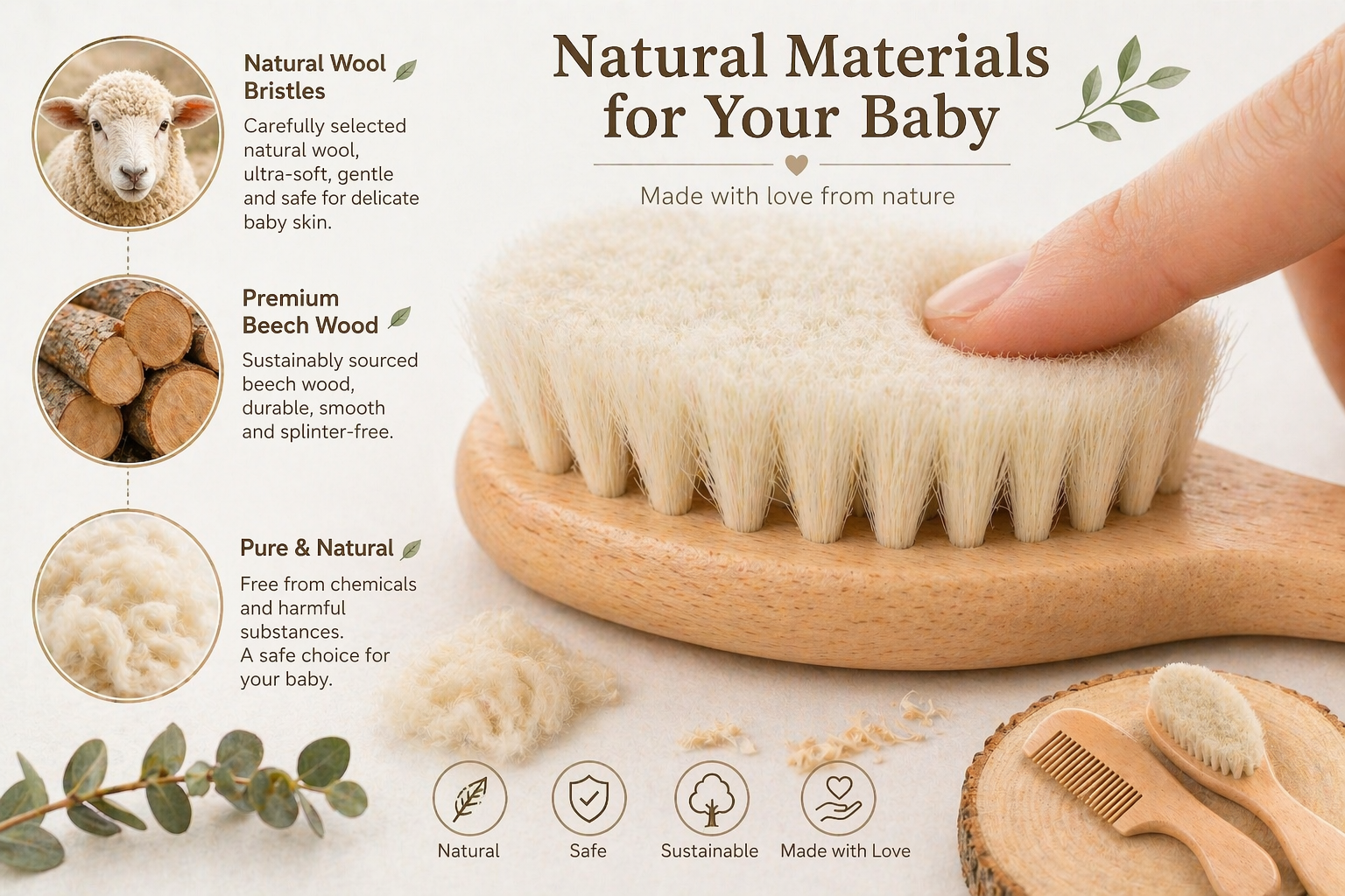 Wooden baby brush with natural bristles and beech wood, labeled 'Natural Materials for Your Baby'.