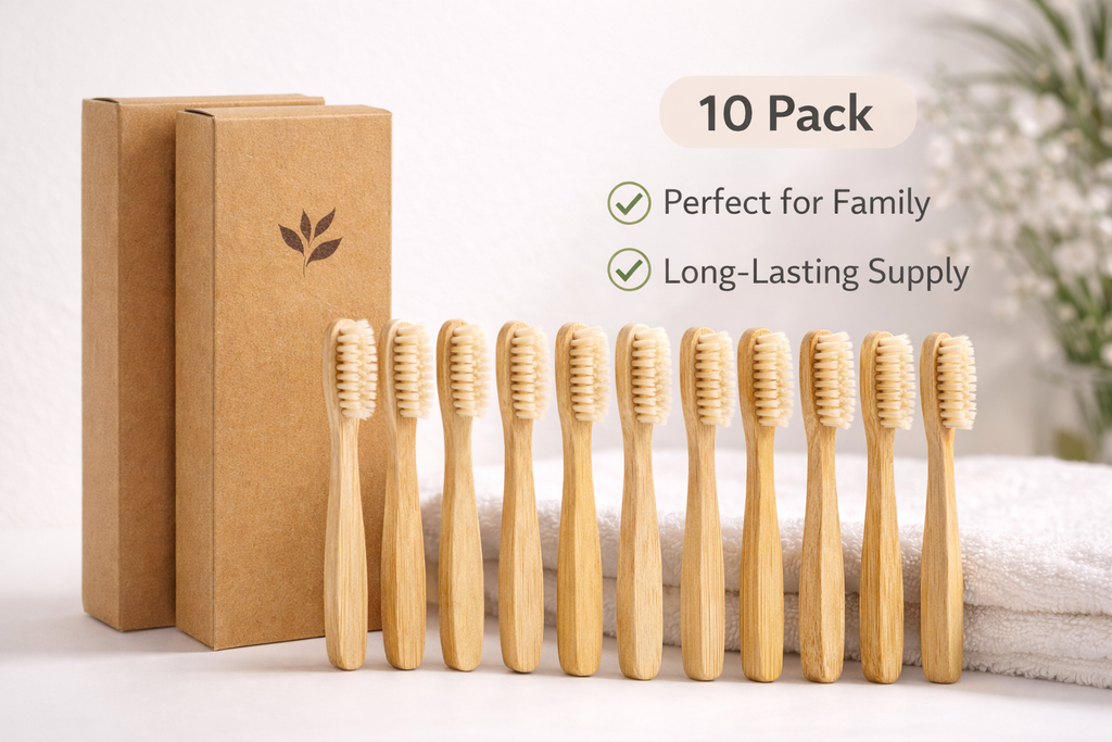 Set of 10 bamboo toothbrushes with a brown cardboard box on a light background