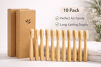 Set of 10 bamboo toothbrushes with a brown cardboard box on a light background