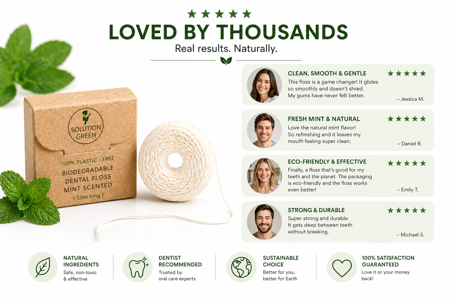 Solution Green dental floss packaging with customer reviews and product features.