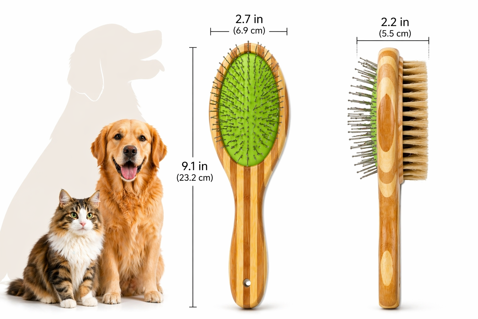 Two pet grooming brushes with measurements and a cat and dog model on a white background