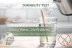 Sugarcane straw in a glass of boiling water with text about durability test.